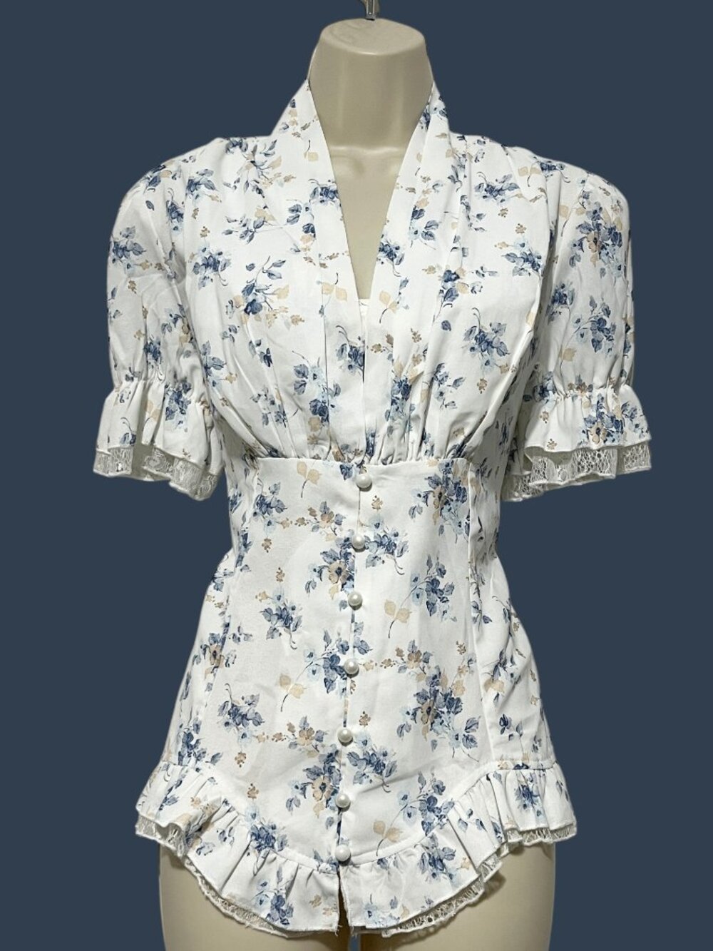 Womens Floral Lace Back Ruffle Blouse S Victorian Cottagecore Coquette Dainty
